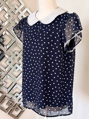 Navy Polka Dot Blouse with White  Collar